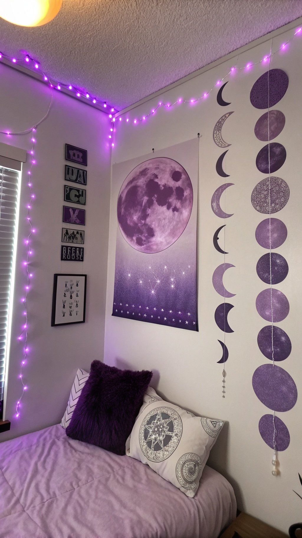 A cozy bedroom decorated with moon phase art and purple lights, featuring a large moon poster and plush bedding.