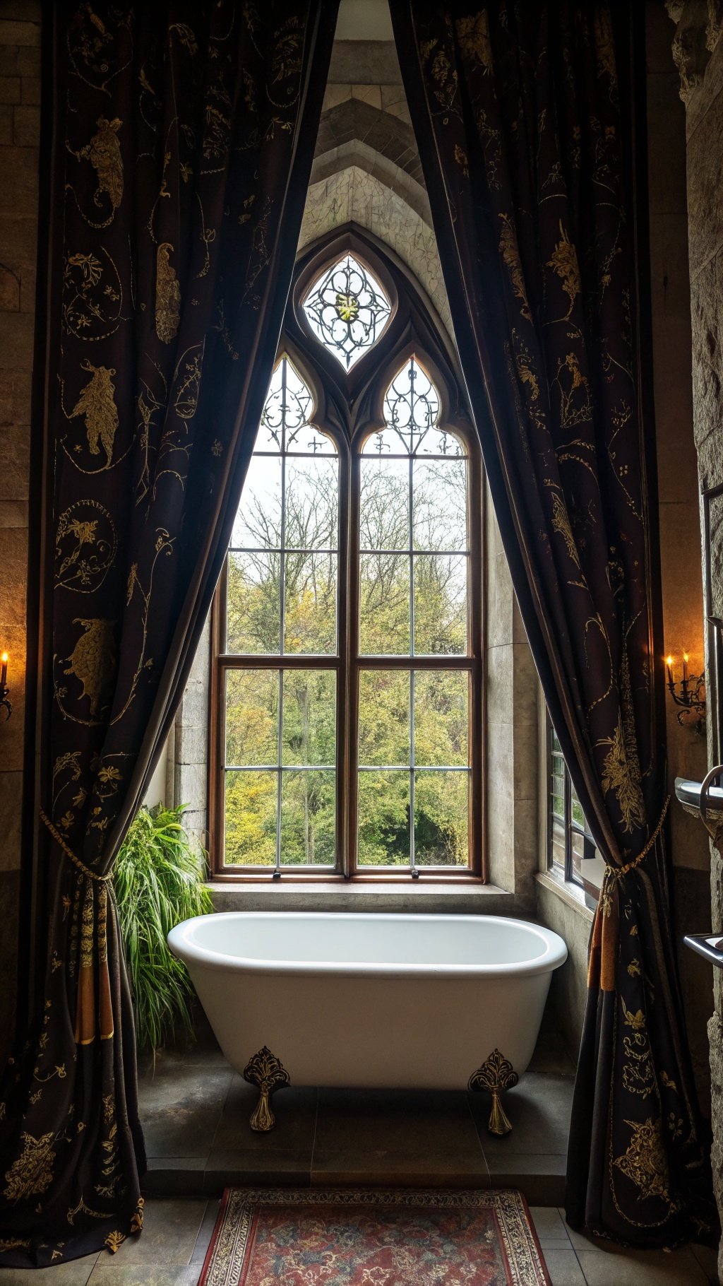 23 Stunning Gothic Witchy Bathroom Ideas for a Spellbinding Space A gothic-style bathroom featuring a large window with dark, ornate curtains and a freestanding bathtub.