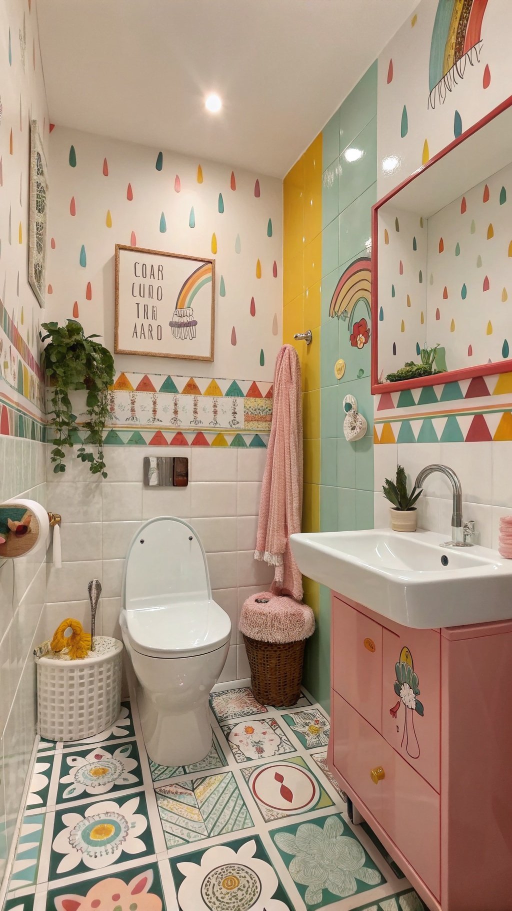 5 Magical Bathroom Ideas to Transform Your Space A colorful and whimsical bathroom with raindrop patterns, a rainbow, and vibrant tiles.