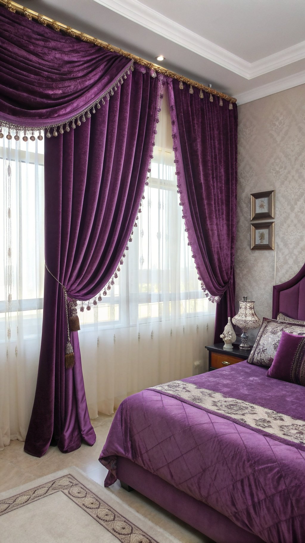 Luxurious purple velvet drapes in a cozy bedroom setting