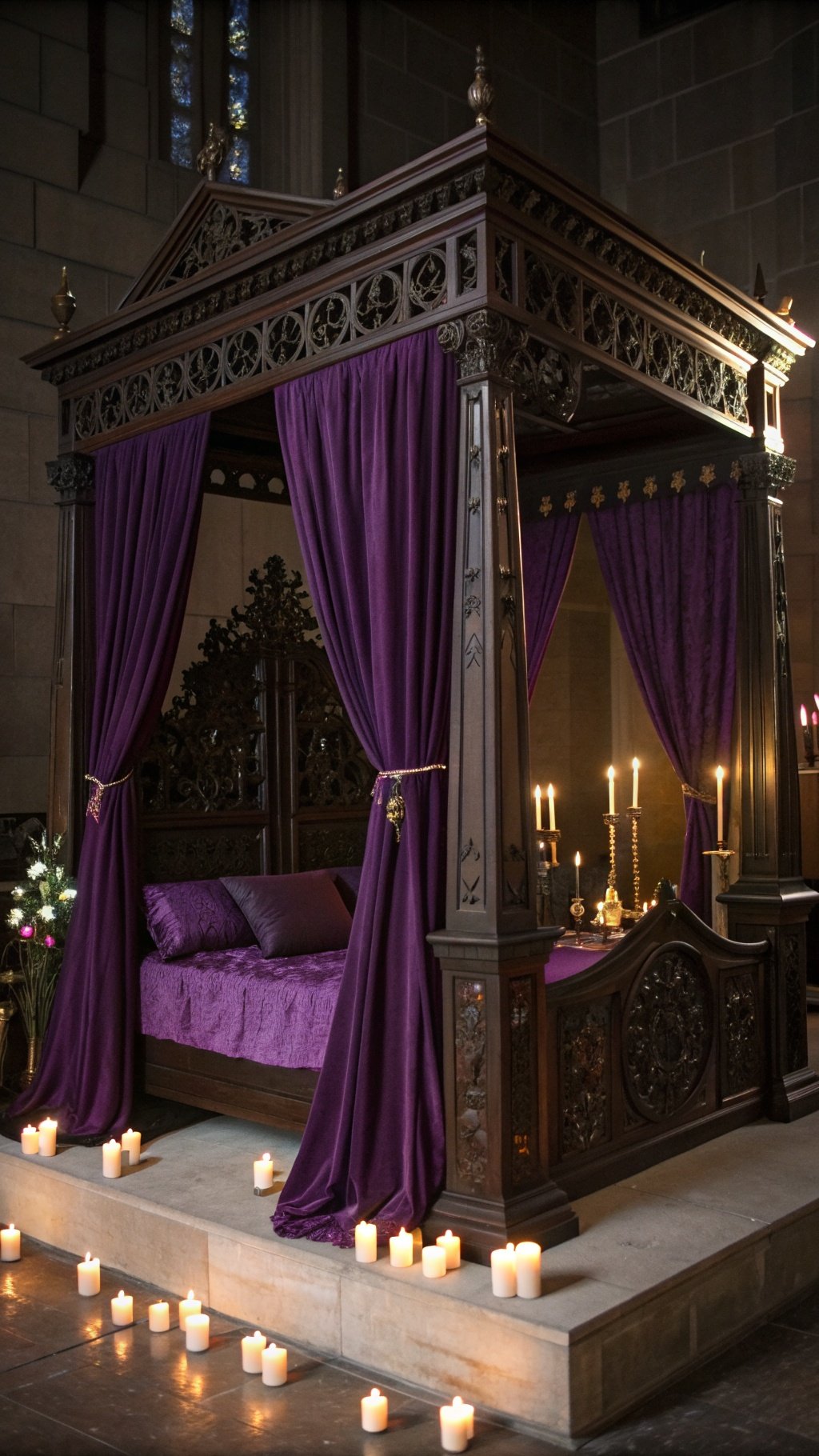 A gothic canopy bed with purple drapes and candles surrounding it, creating a moody atmosphere.