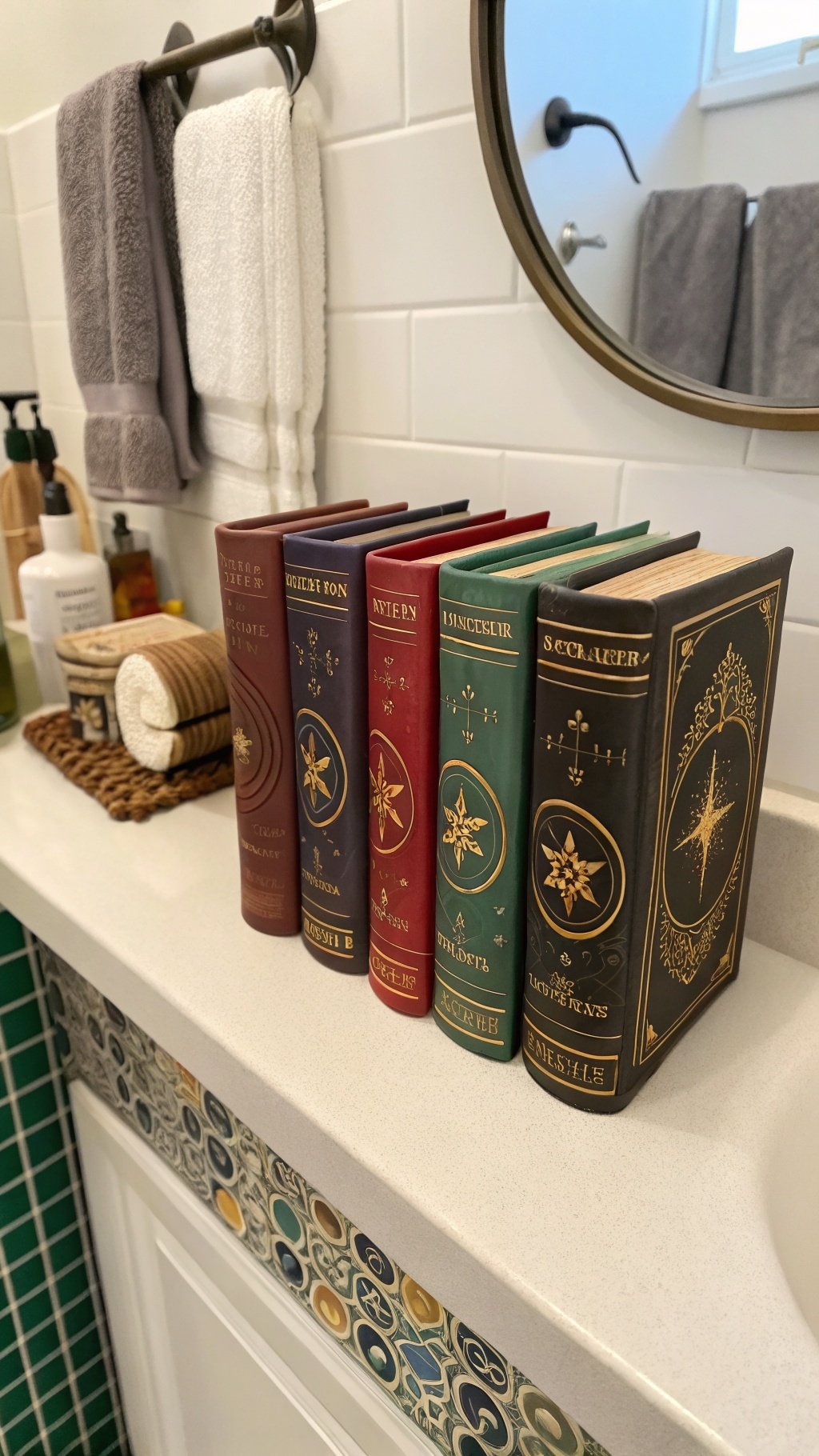 23 Stunning Gothic Witchy Bathroom Ideas for a Spellbinding Space A collection of spell books on a bathroom countertop, showcasing gothic and witchy decor.