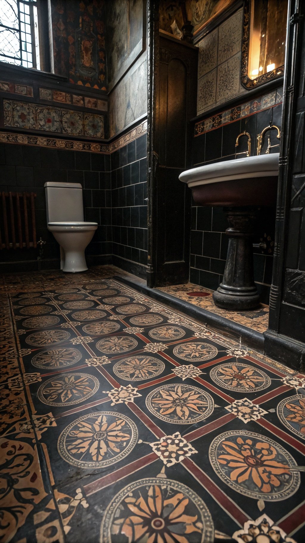 23 Stunning Gothic Witchy Bathroom Ideas for a Spellbinding Space Gothic-inspired bathroom flooring with intricate tile patterns.