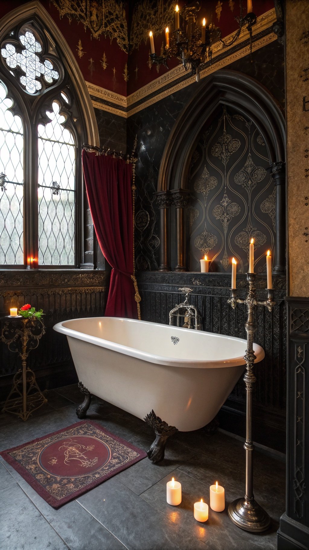 23 Stunning Gothic Witchy Bathroom Ideas for a Spellbinding Space A vintage clawfoot bathtub in a gothic-style bathroom with dark walls, candles, and rich decor.