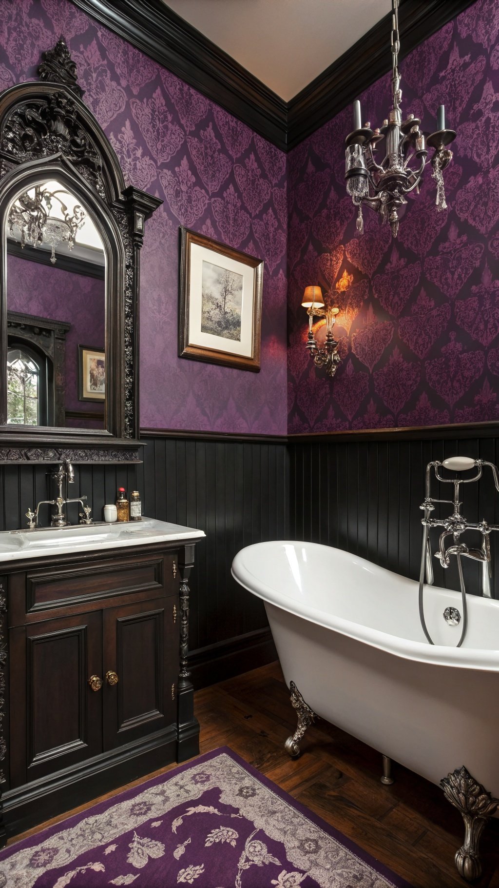 23 Stunning Gothic Witchy Bathroom Ideas for a Spellbinding Space A gothic-inspired bathroom featuring deep purple walls, black accents, and a vintage chandelier.