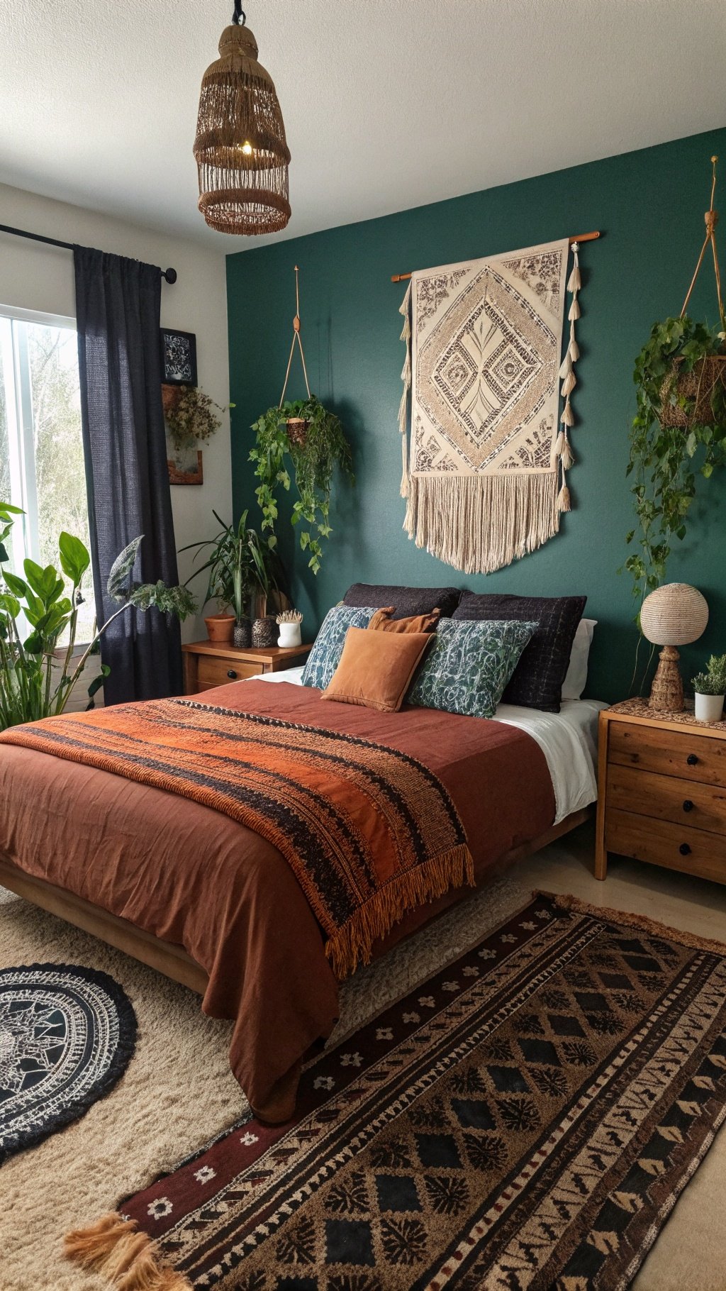 A cozy dark boho bedroom featuring earthy tones, plants, and textured decor.