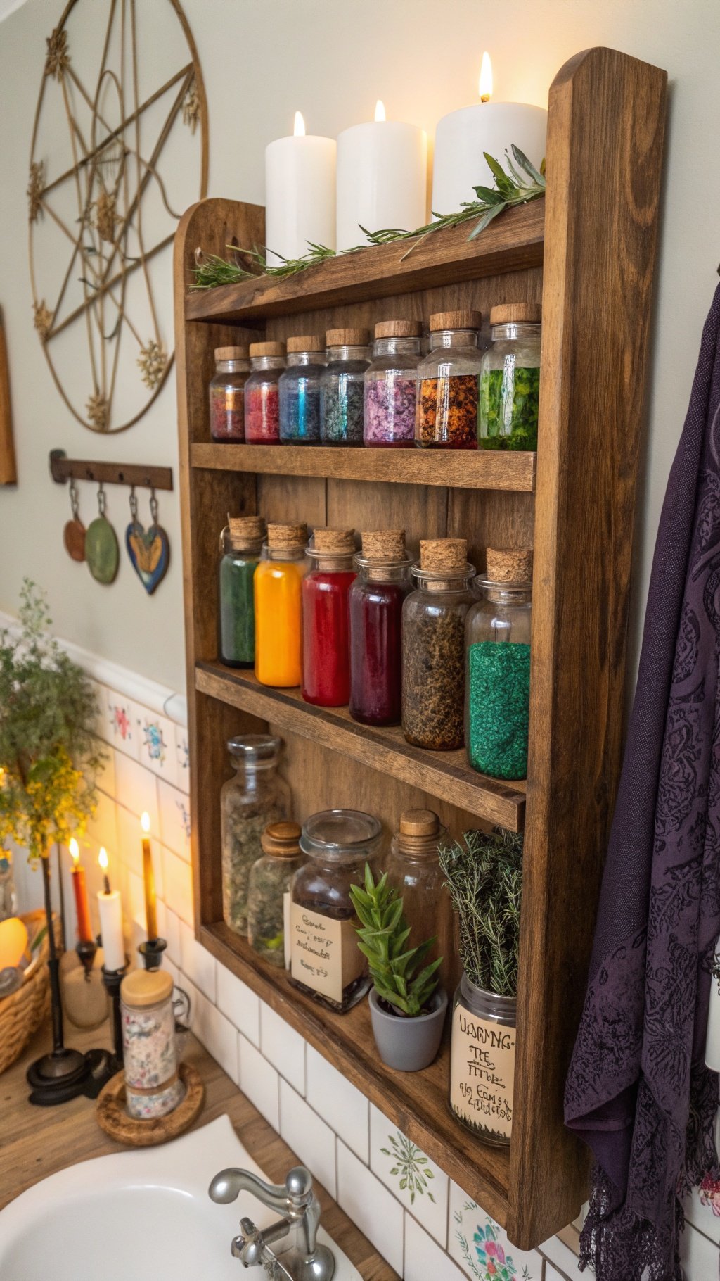 23 Stunning Gothic Witchy Bathroom Ideas for a Spellbinding Space Vintage apothecary shelves in a gothic witchy bathroom with colorful jars and candles.