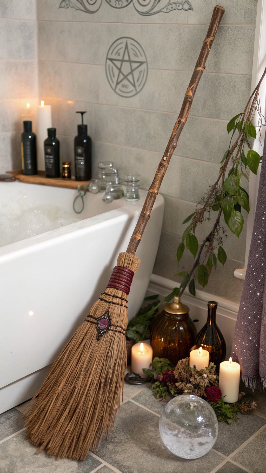 23 Stunning Gothic Witchy Bathroom Ideas for a Spellbinding Space A broomstick leaning against a bathtub in a gothic witchy bathroom setting, surrounded by candles and decorative elements.