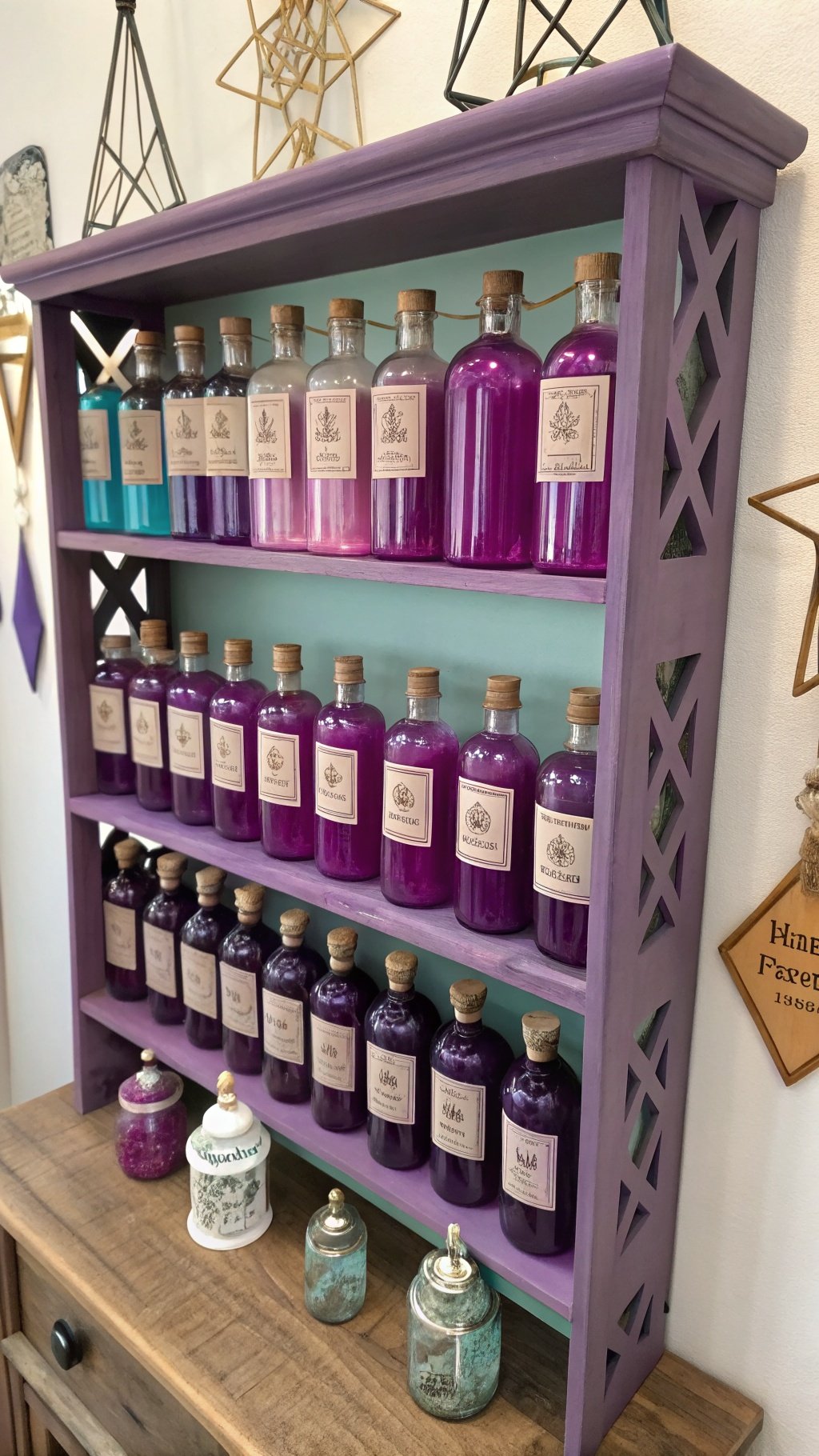 A charming potion shelf with colorful bottles in shades of purple and blue, set against a lavender backdrop.