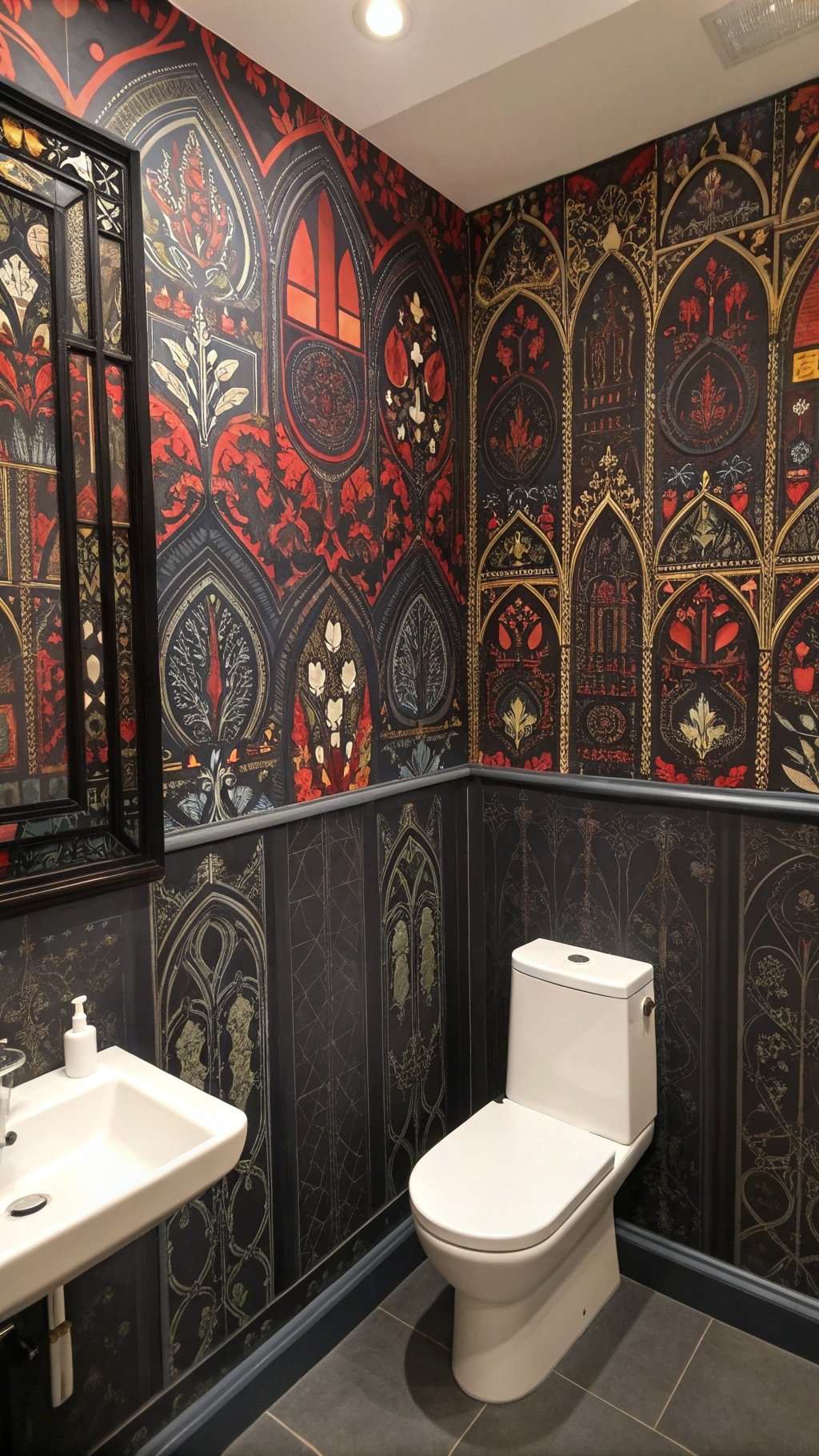 23 Stunning Gothic Witchy Bathroom Ideas for a Spellbinding Space A gothic-themed bathroom with intricate wallpaper featuring dark tones, floral patterns, and a sleek white toilet.