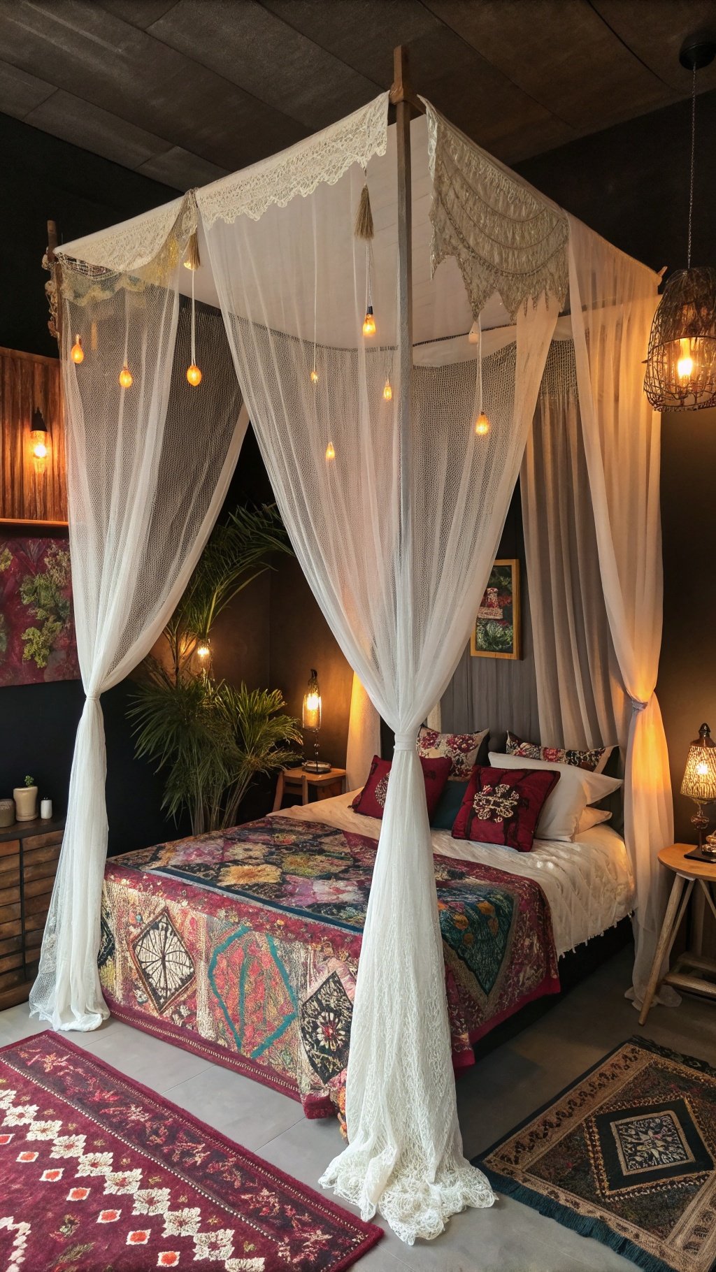 A dramatic canopy bed with soft drapes and warm lighting in a dark boho bedroom setting.