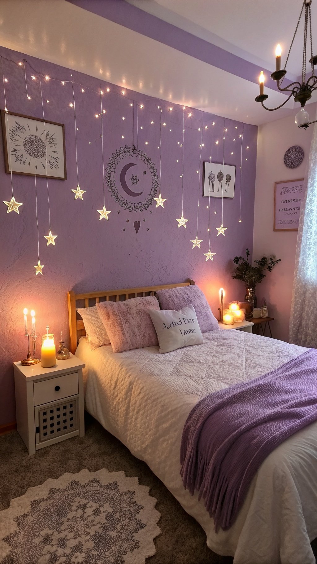 A cozy bedroom with lavender walls, fairy lights, and a neatly made bed, creating a magical atmosphere.