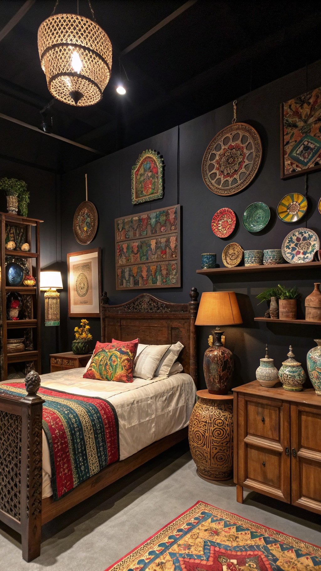 A dark boho bedroom featuring a wooden bed, colorful textiles, and artisan decor.