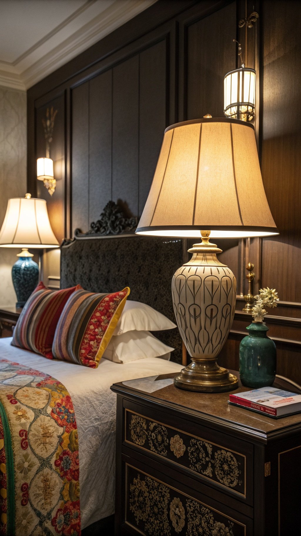 A cozy dark boho bedroom featuring layered lighting with bedside lamps and wall sconces.