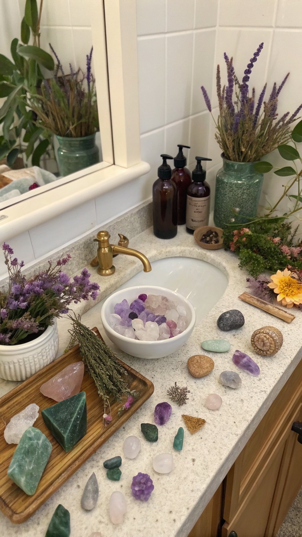 23 Stunning Gothic Witchy Bathroom Ideas for a Spellbinding Space A gothic witchy bathroom setup featuring crystals, dried flowers, and natural elements.