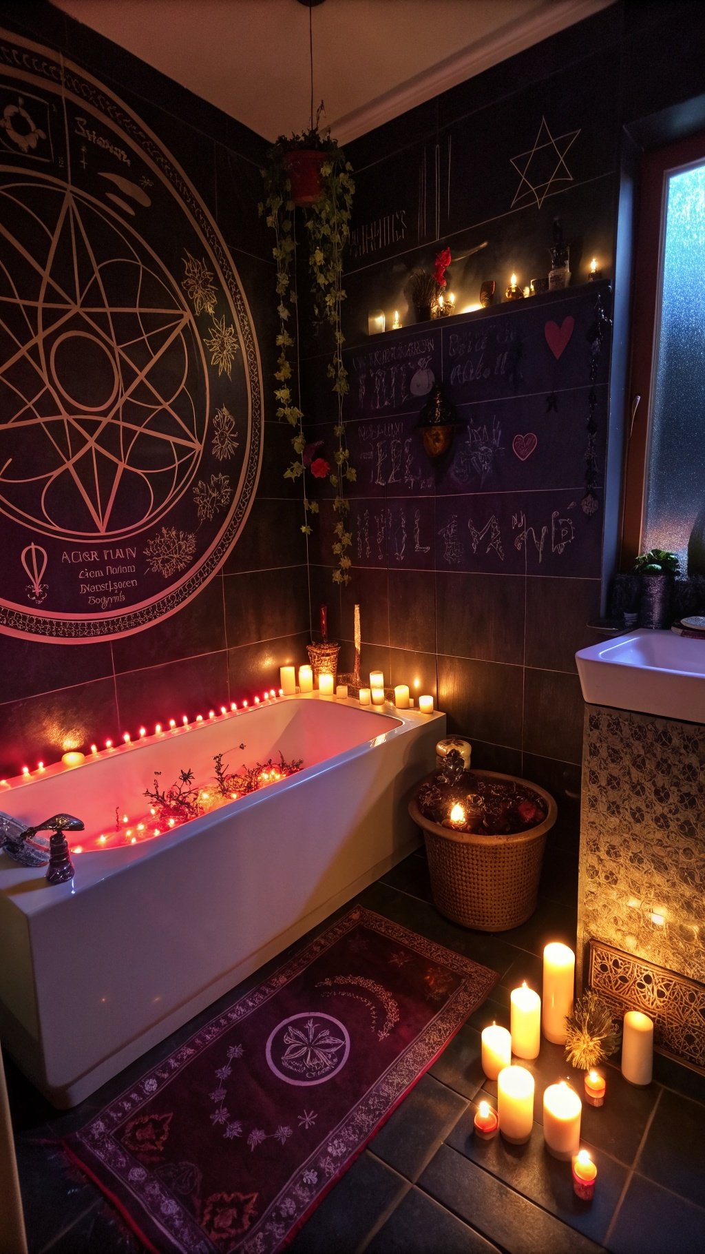 23 Stunning Gothic Witchy Bathroom Ideas for a Spellbinding Space A gothic witchy bathroom with candles, a bathtub, and mystical decor.