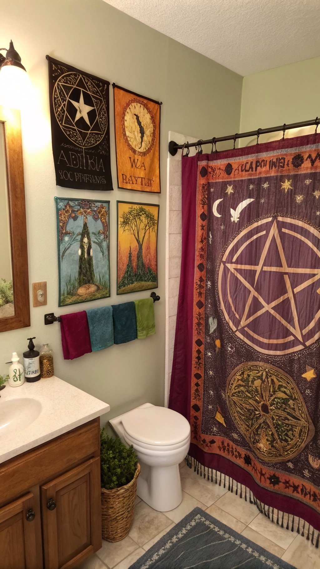 23 Stunning Gothic Witchy Bathroom Ideas for a Spellbinding Space A gothic witchy bathroom featuring colorful wall hangings and towels.