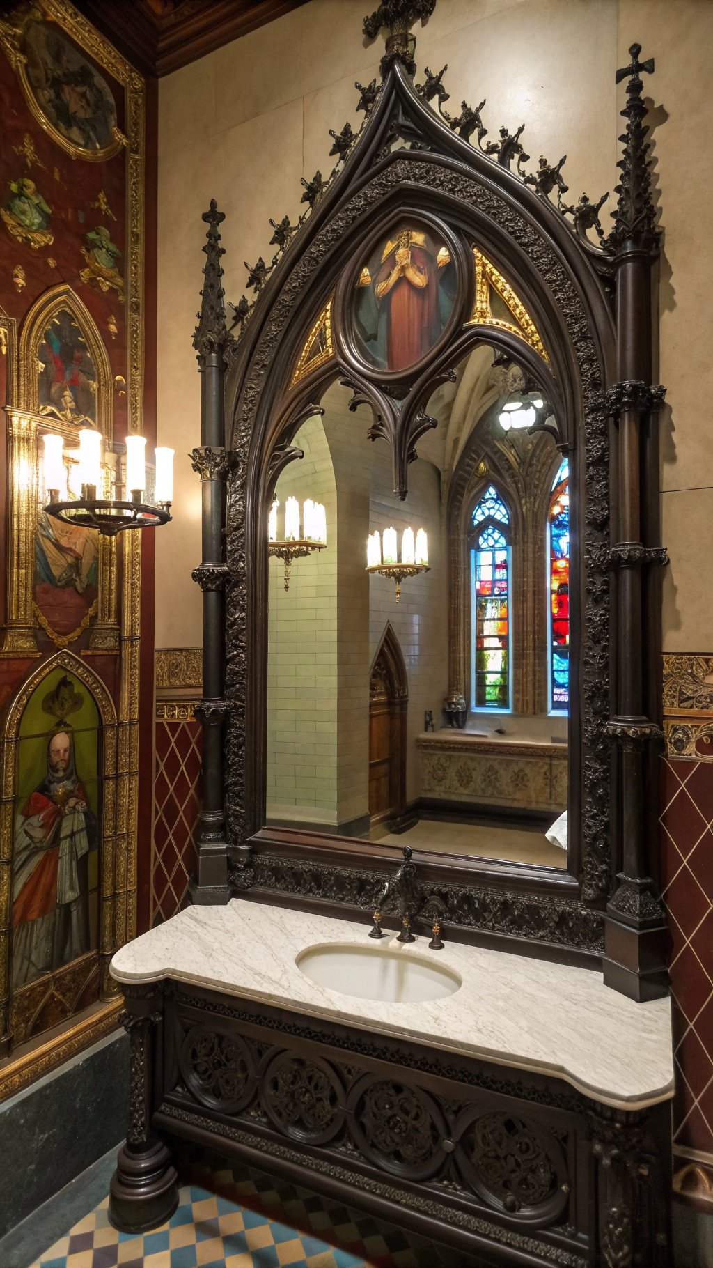 23 Stunning Gothic Witchy Bathroom Ideas for a Spellbinding Space A gothic mirror with an intricate frame in a stylish bathroom setting.