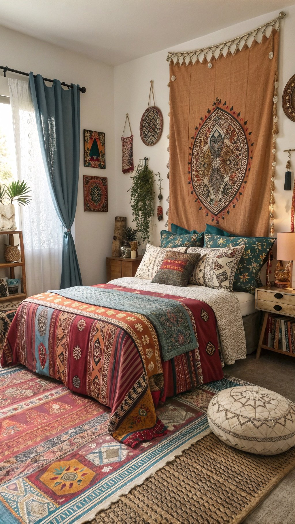 A cozy boho bedroom featuring a mix of colorful patterned textiles, a wall tapestry, and layered rugs.