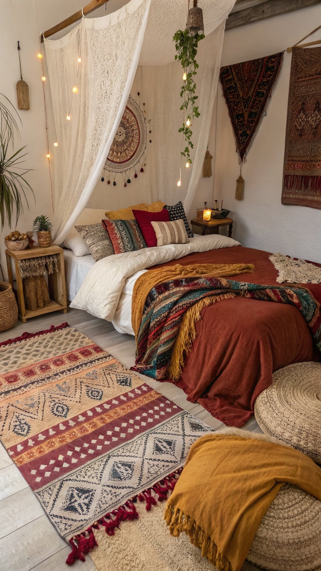 A cozy dark boho bedroom featuring layered textiles, colorful throw pillows, and patterned rugs.