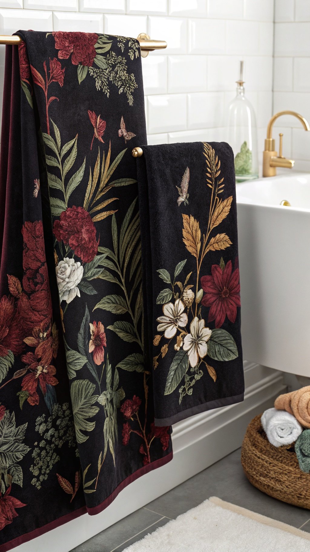 23 Stunning Gothic Witchy Bathroom Ideas for a Spellbinding Space Dark floral patterned towels hanging in a stylish bathroom