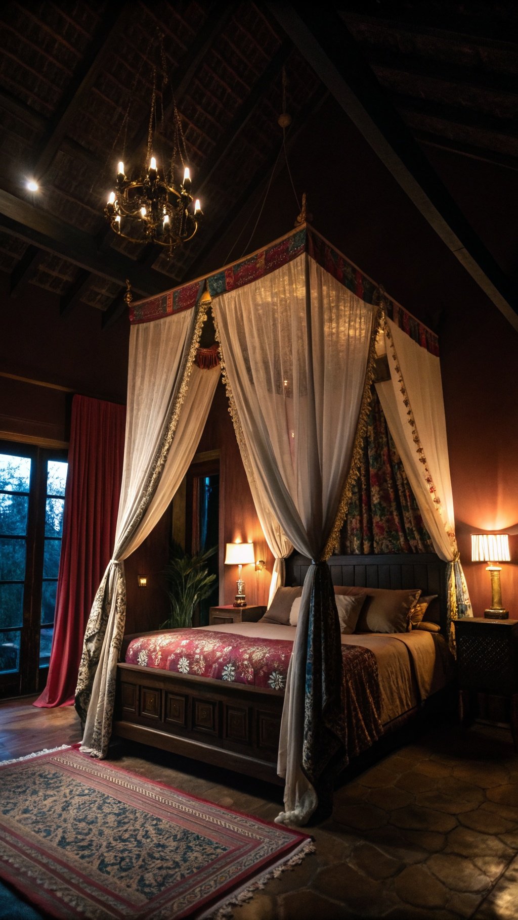 A cozy bedroom with a canopy bed draped in soft fabric, warm lighting, and rich colors.
