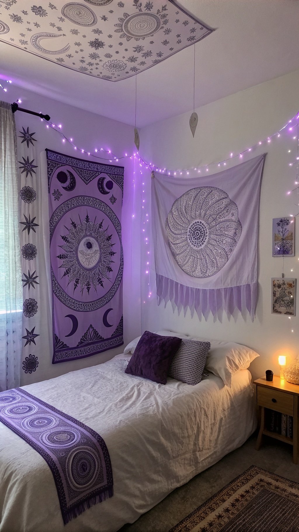 A cozy purple bedroom with celestial wall hangings and fairy lights.