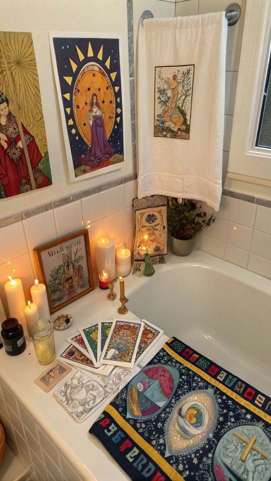 23 Stunning Gothic Witchy Bathroom Ideas for a Spellbinding Space A gothic witchy bathroom with tarot cards, candles, and mystical decor.