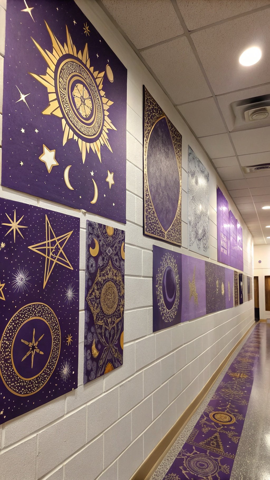 A hallway with purple celestial wall art featuring stars, moons, and intricate designs.