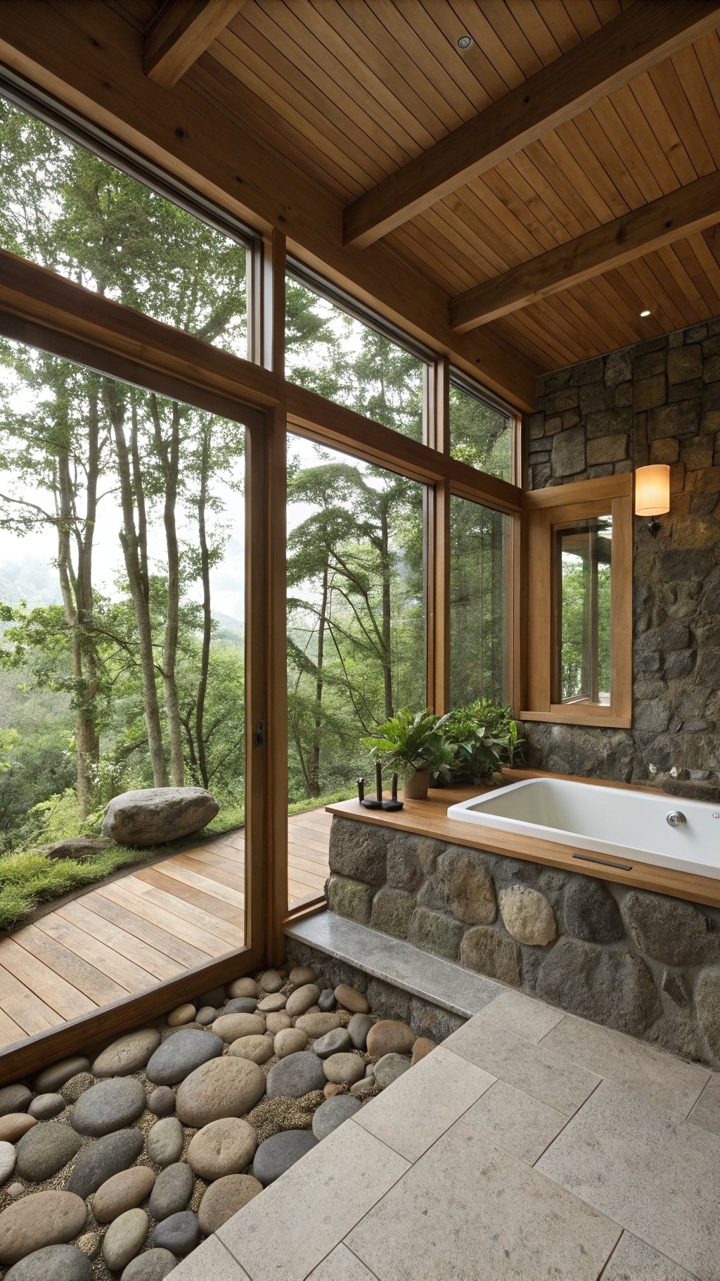 5 Magical Bathroom Ideas to Transform Your Space A nature-inspired bathroom with large windows, stone walls, and a soaking tub surrounded by greenery.