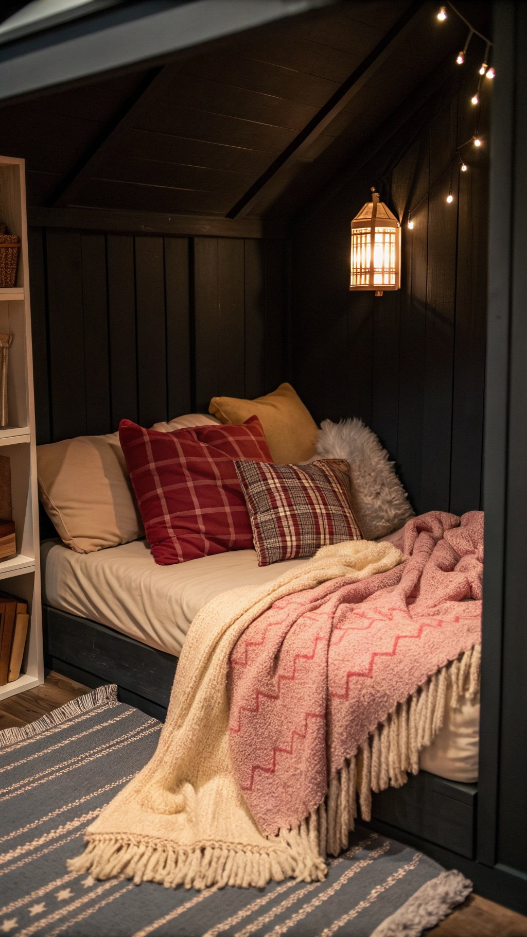 Cozy nook with a bed, pillows, blankets, and warm lighting