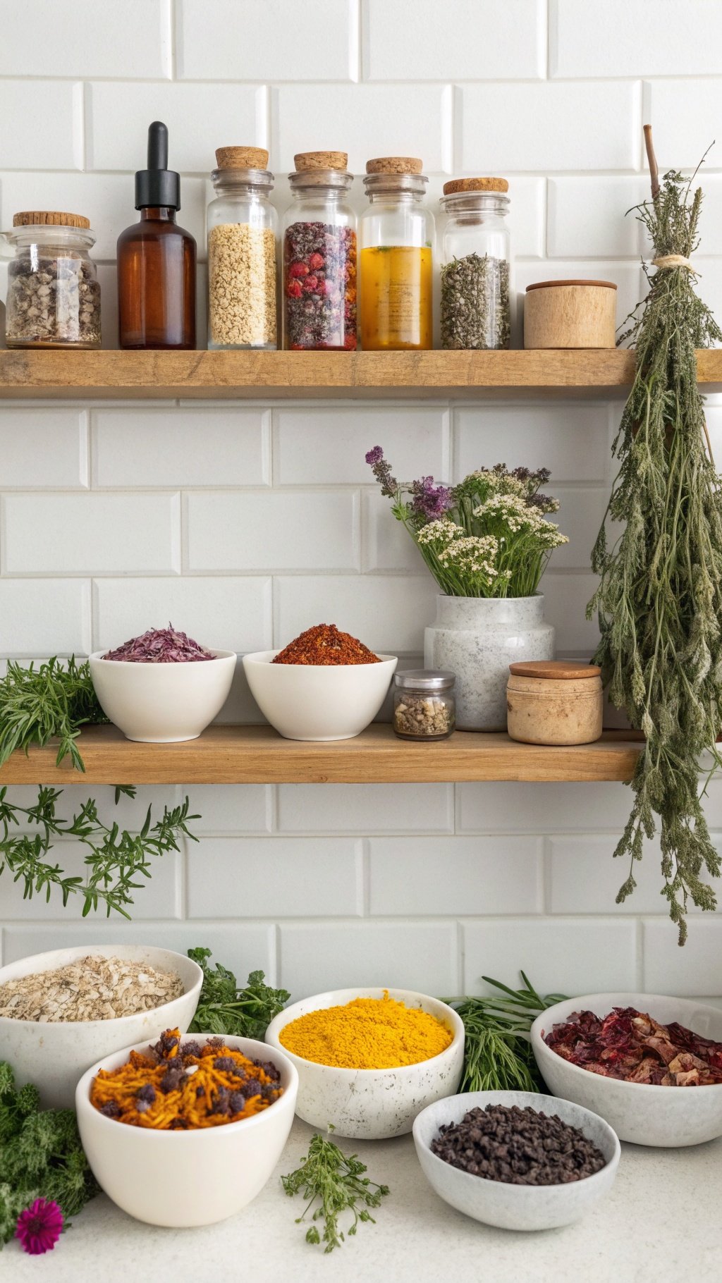 23 Stunning Gothic Witchy Bathroom Ideas for a Spellbinding Space A shelf displaying various herbs and potions in jars and bowls, creating a mystical atmosphere.