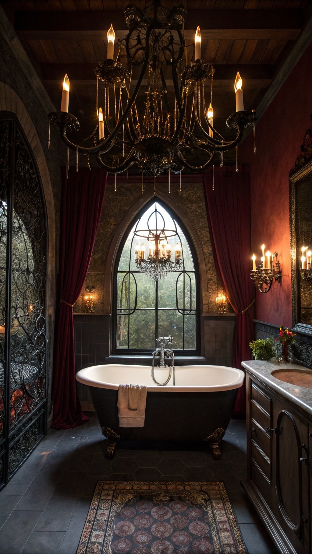 23 Stunning Gothic Witchy Bathroom Ideas for a Spellbinding Space A gothic bathroom featuring a chandelier, dark colors, and elegant decor.