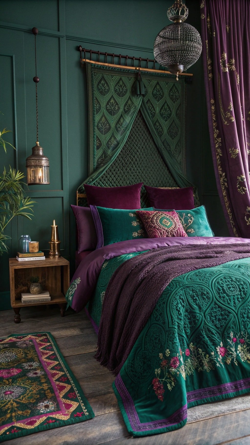 A cozy dark boho bedroom featuring rich jewel tones, including emerald green walls and purple bedding.