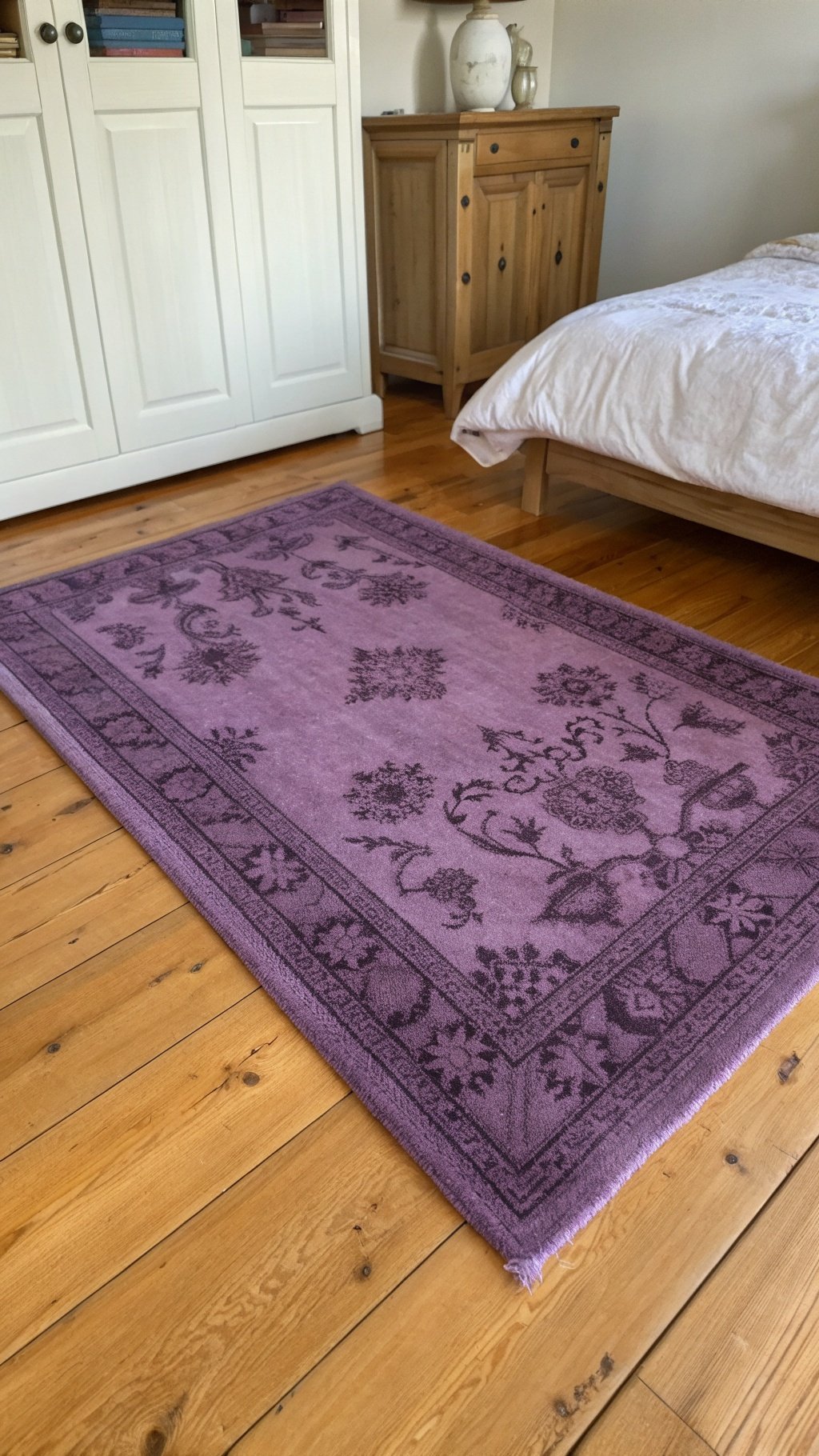 A vintage purple rug with floral patterns on a wooden floor in a cozy bedroom setting.