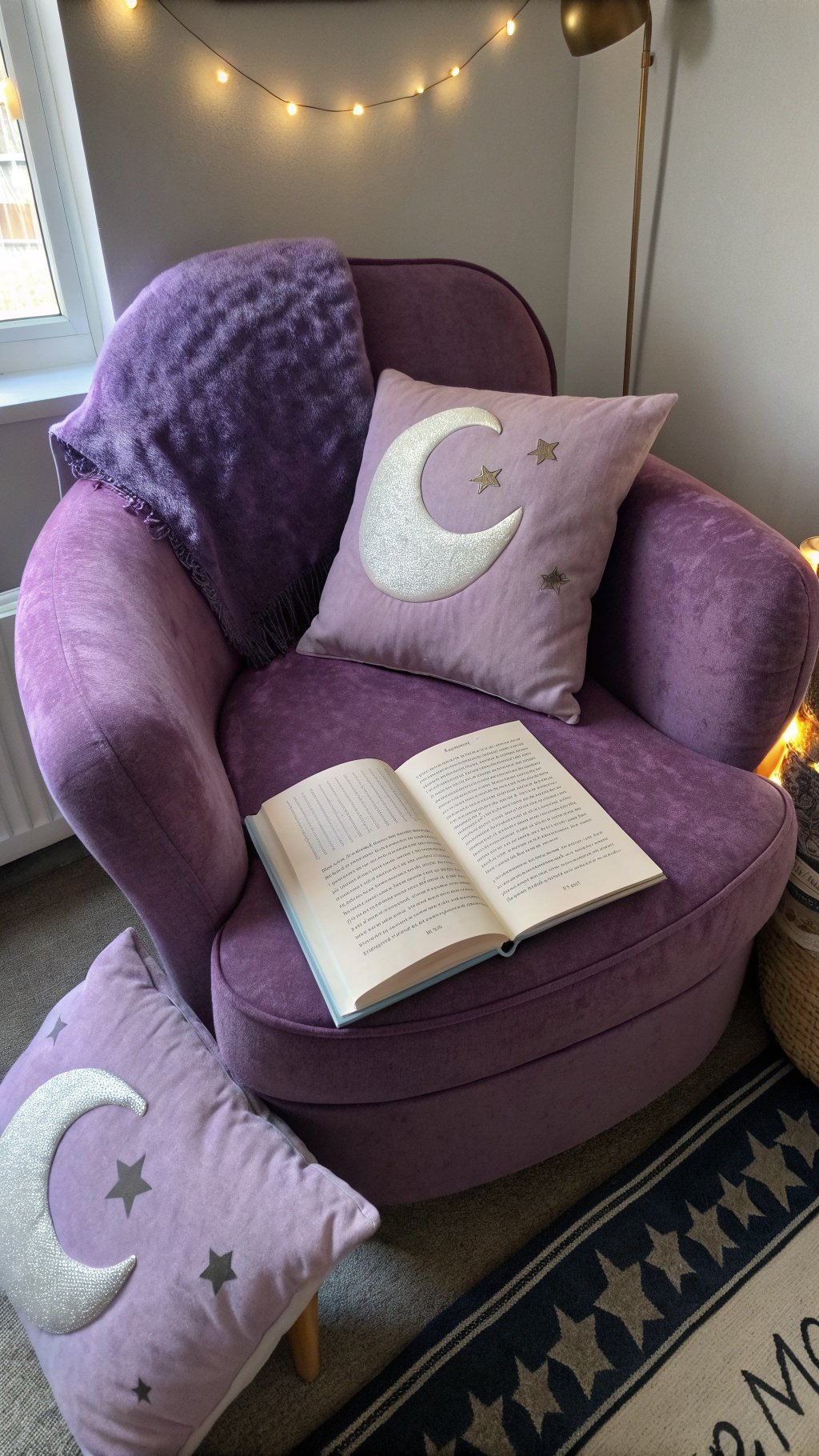Cozy purple reading nook with a book, pillows, and fairy lights