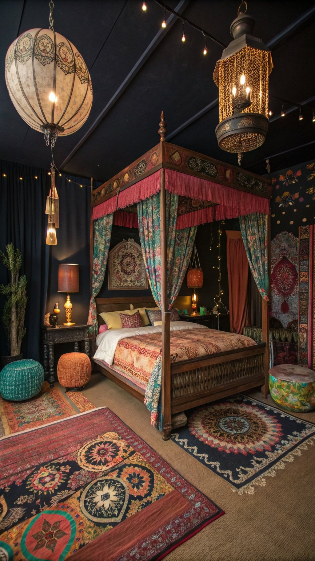 A cozy dark boho bedroom featuring a four-poster bed with colorful drapes, vintage lighting, and layered rugs.