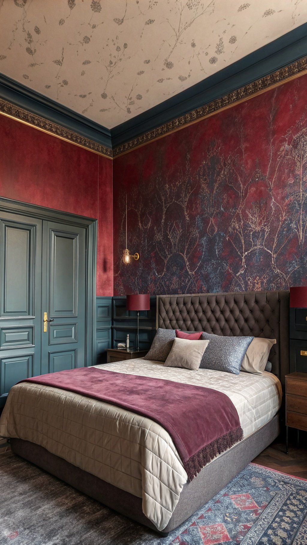 A cozy bedroom with textured dark red walls, a tufted bed, and stylish decor.