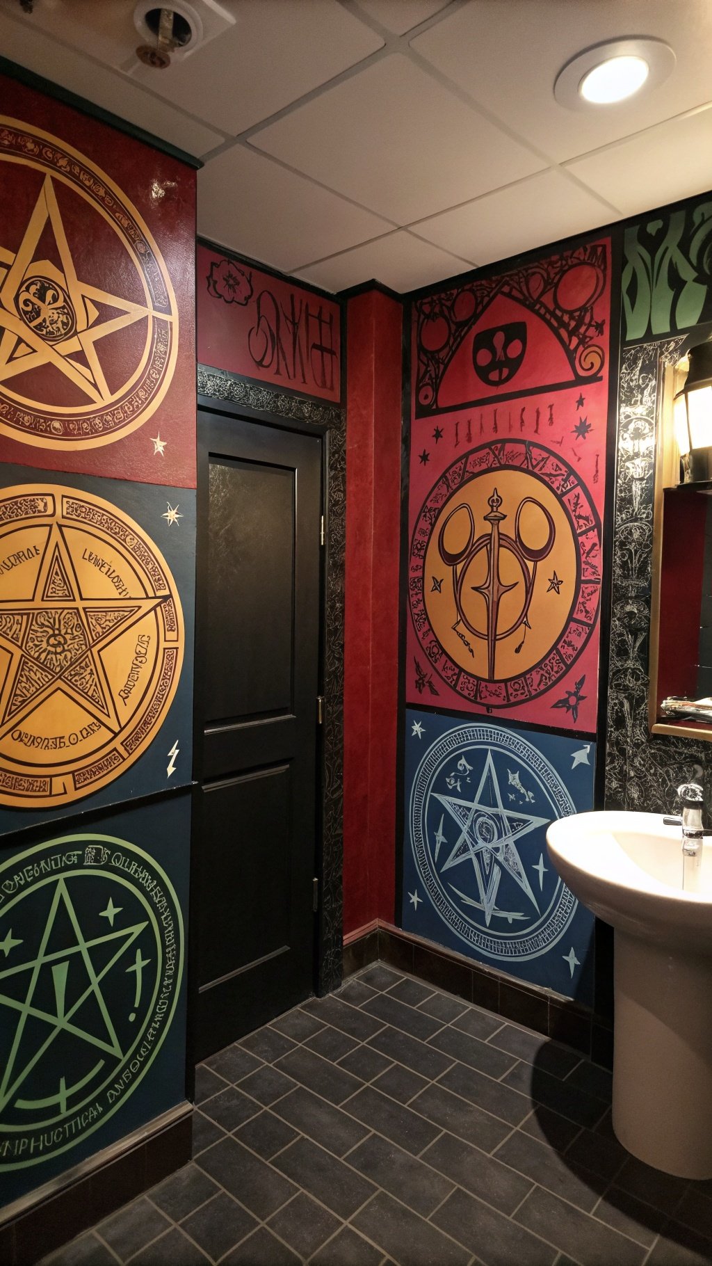23 Stunning Gothic Witchy Bathroom Ideas for a Spellbinding Space A gothic bathroom with walls decorated in alchemical symbols and vibrant colors.