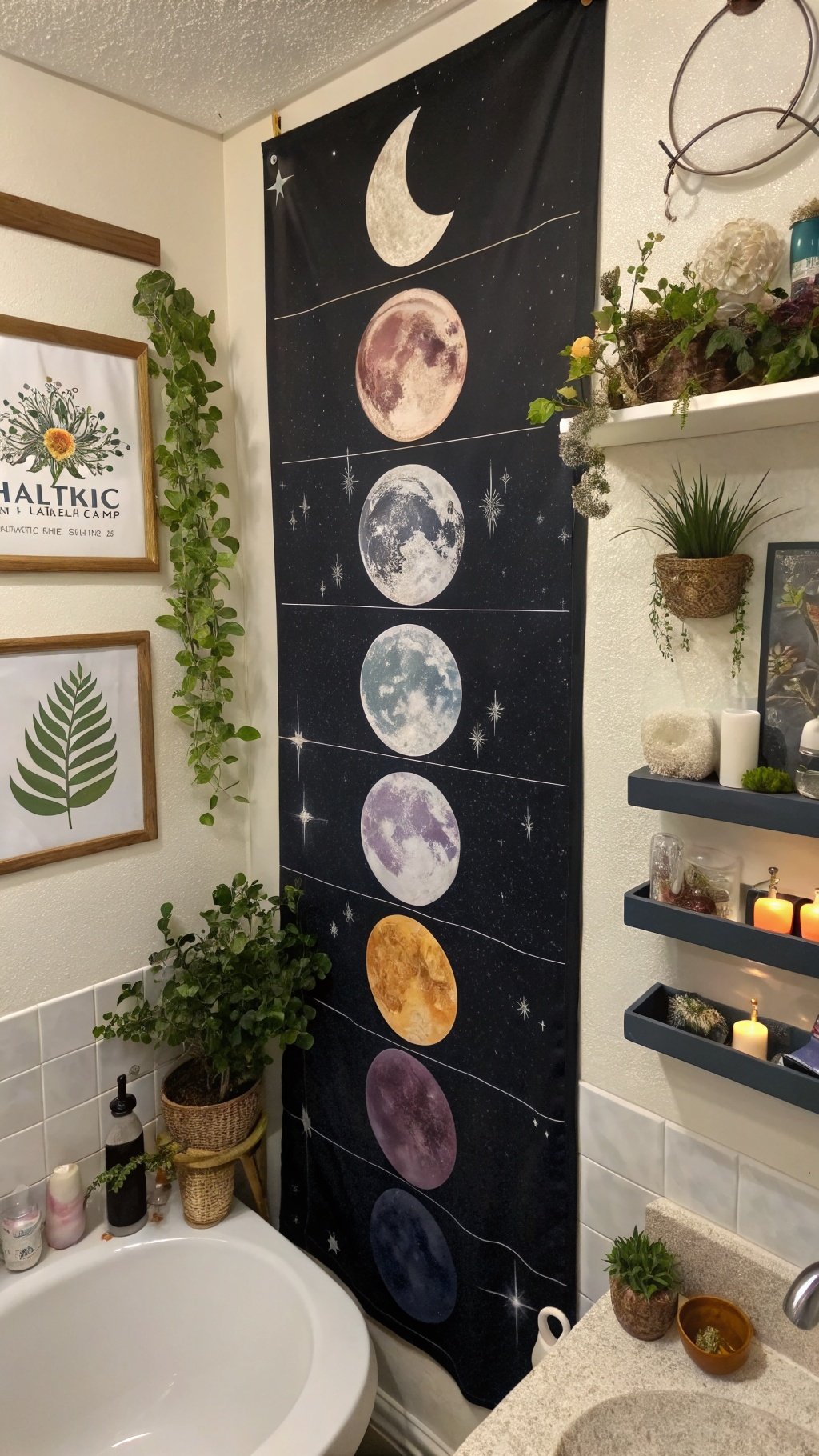 23 Stunning Gothic Witchy Bathroom Ideas for a Spellbinding Space A bathroom featuring moon phase wall art, plants, and candles.