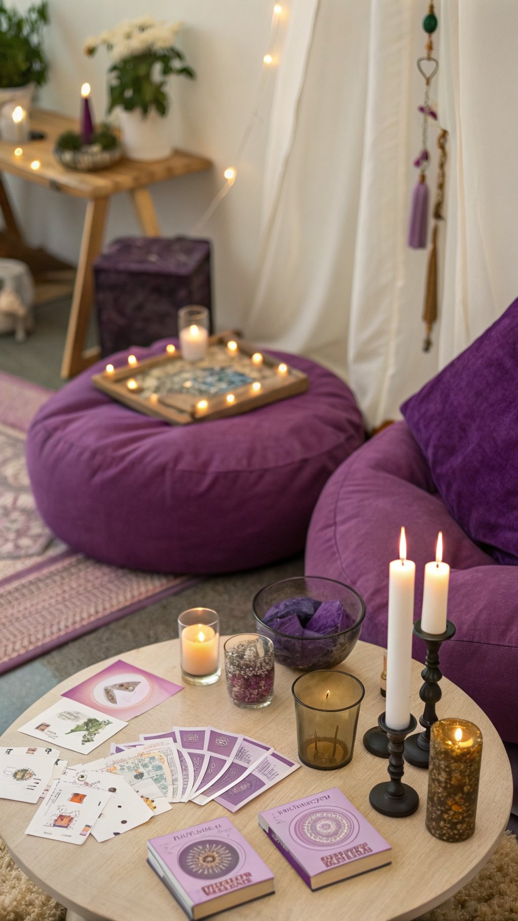 A cozy tarot corner with purple bean bags, candles, tarot cards, and plants, creating a mystical atmosphere.