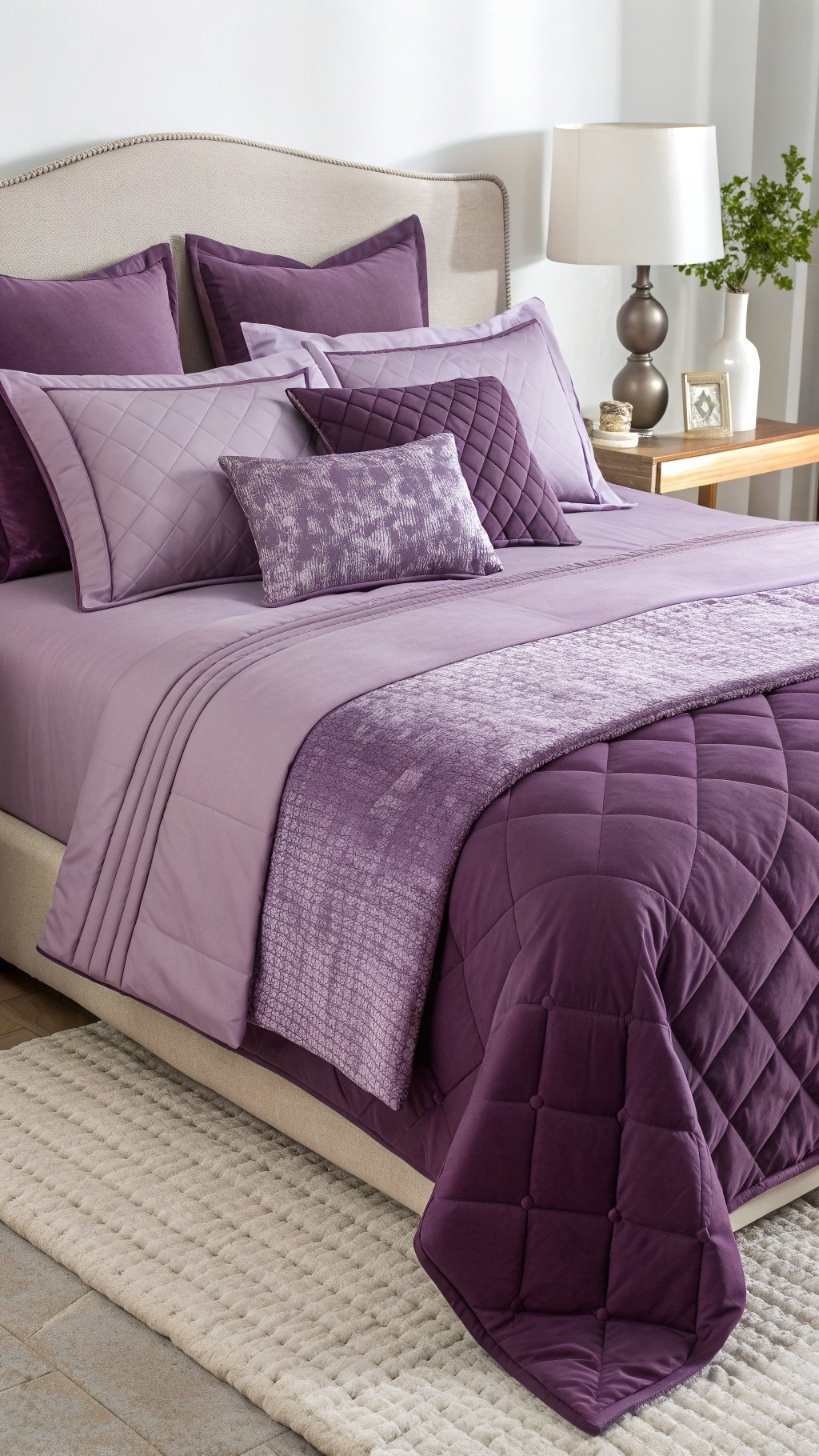 A beautifully made bed with lush purple bedding, featuring various shades and textures of purple pillows and a quilted blanket.