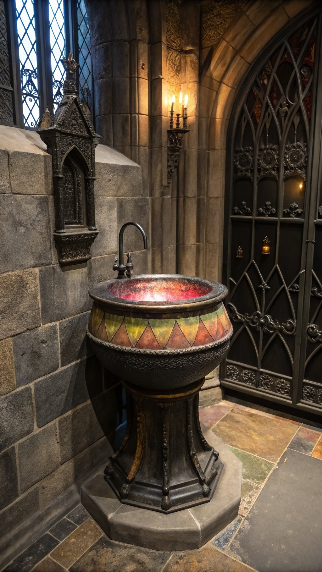 23 Stunning Gothic Witchy Bathroom Ideas for a Spellbinding Space A gothic-style cauldron sink in a dimly lit bathroom with stone walls and candle sconces.