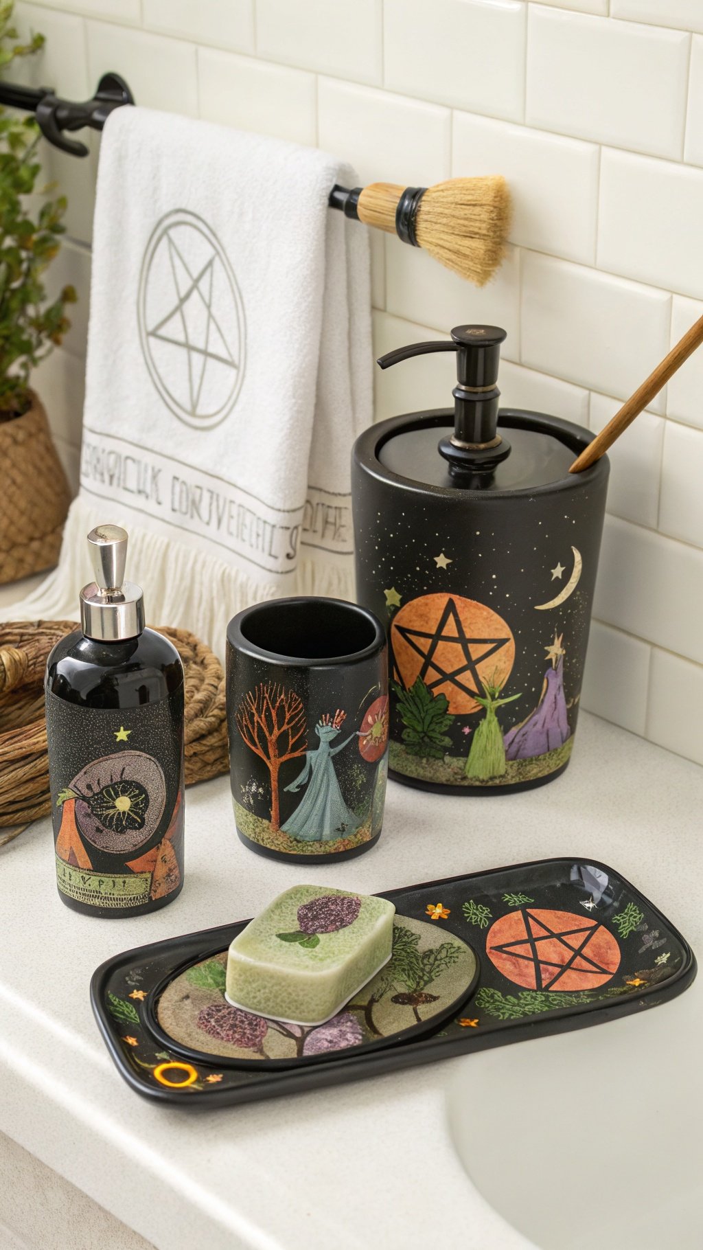 23 Stunning Gothic Witchy Bathroom Ideas for a Spellbinding Space A collection of mystical bath accessories including a soap dispenser, cup, tray, and towel with witchy designs.