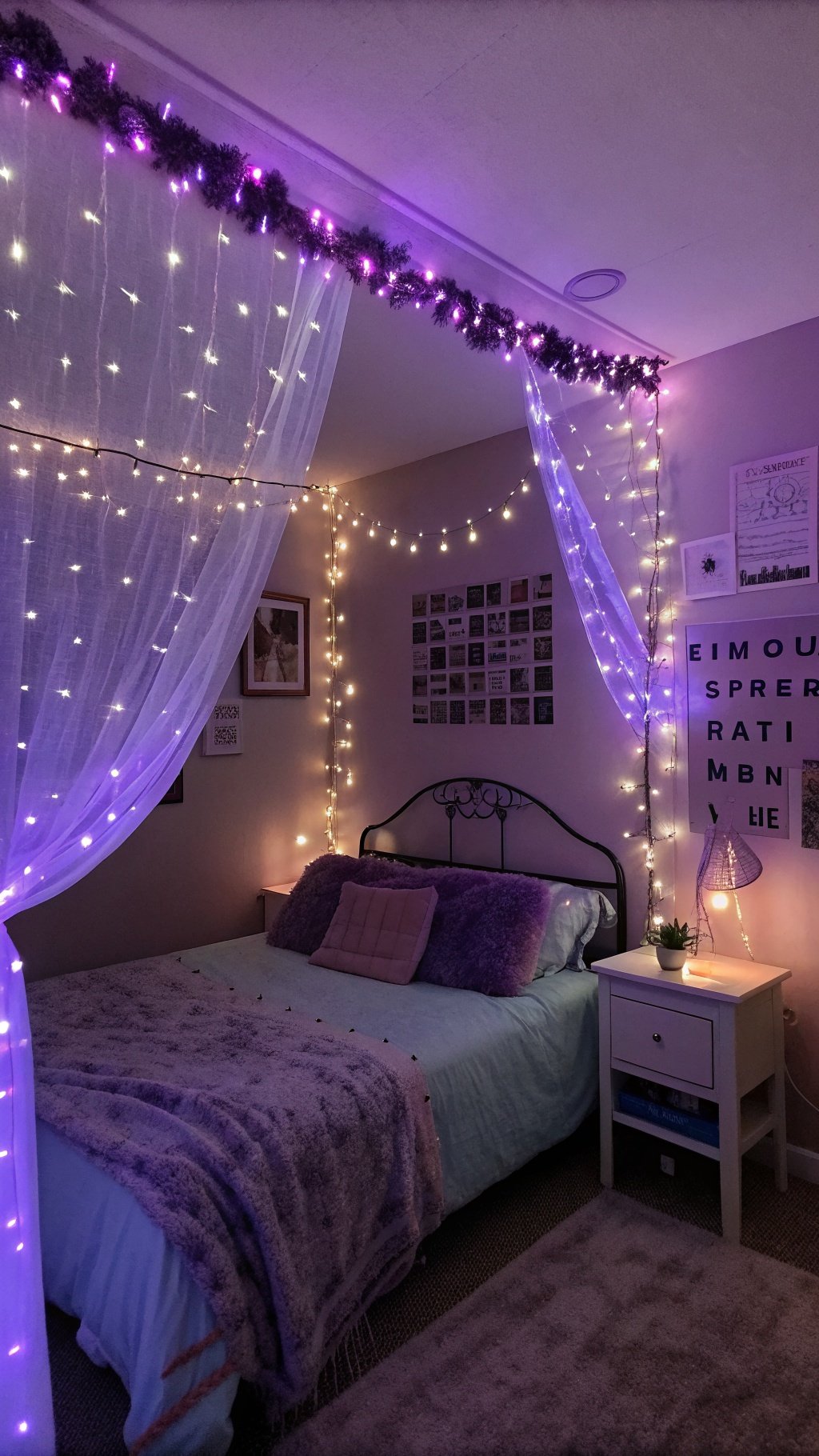 A cozy purple bedroom adorned with whimsical fairy lights, creating a magical atmosphere.