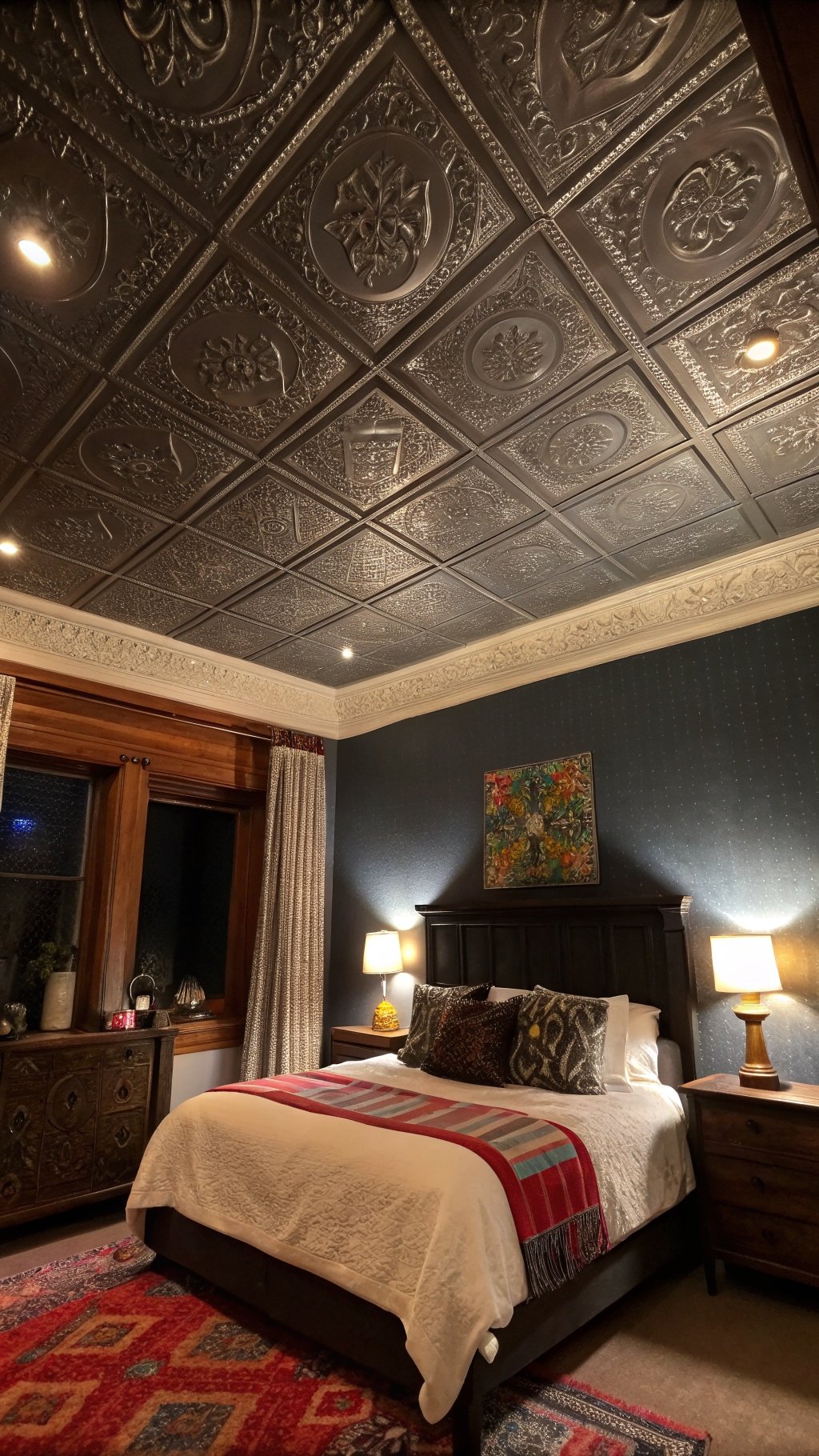A dark boho bedroom featuring a textured metallic ceiling, dark walls, and cozy furnishings.