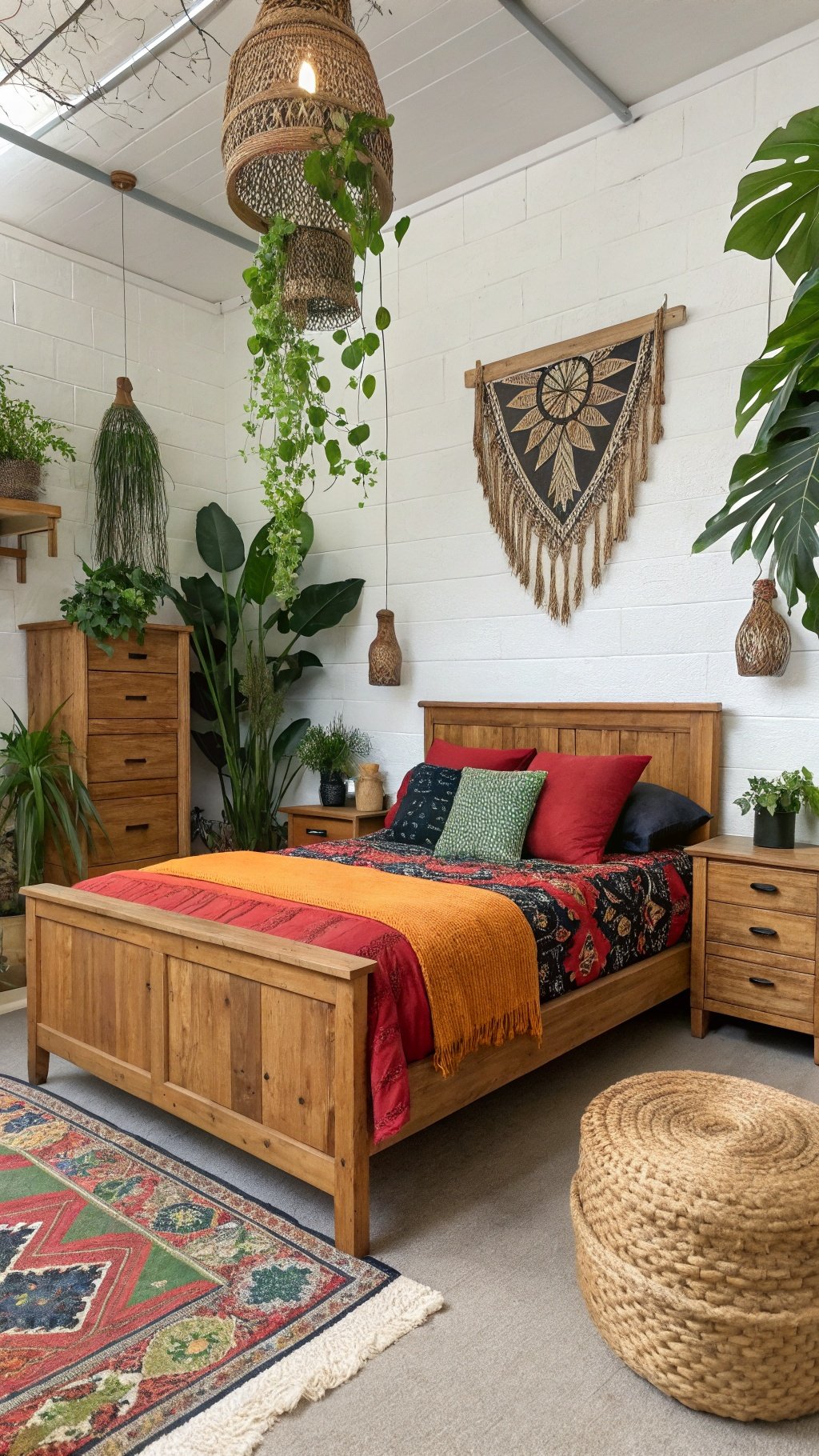 A cozy dark boho bedroom featuring wooden furniture, vibrant textiles, and lush greenery.