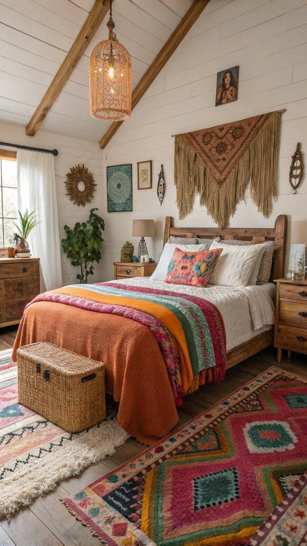 A cozy dark boho bedroom featuring rustic wood accents, colorful textiles, and natural elements.