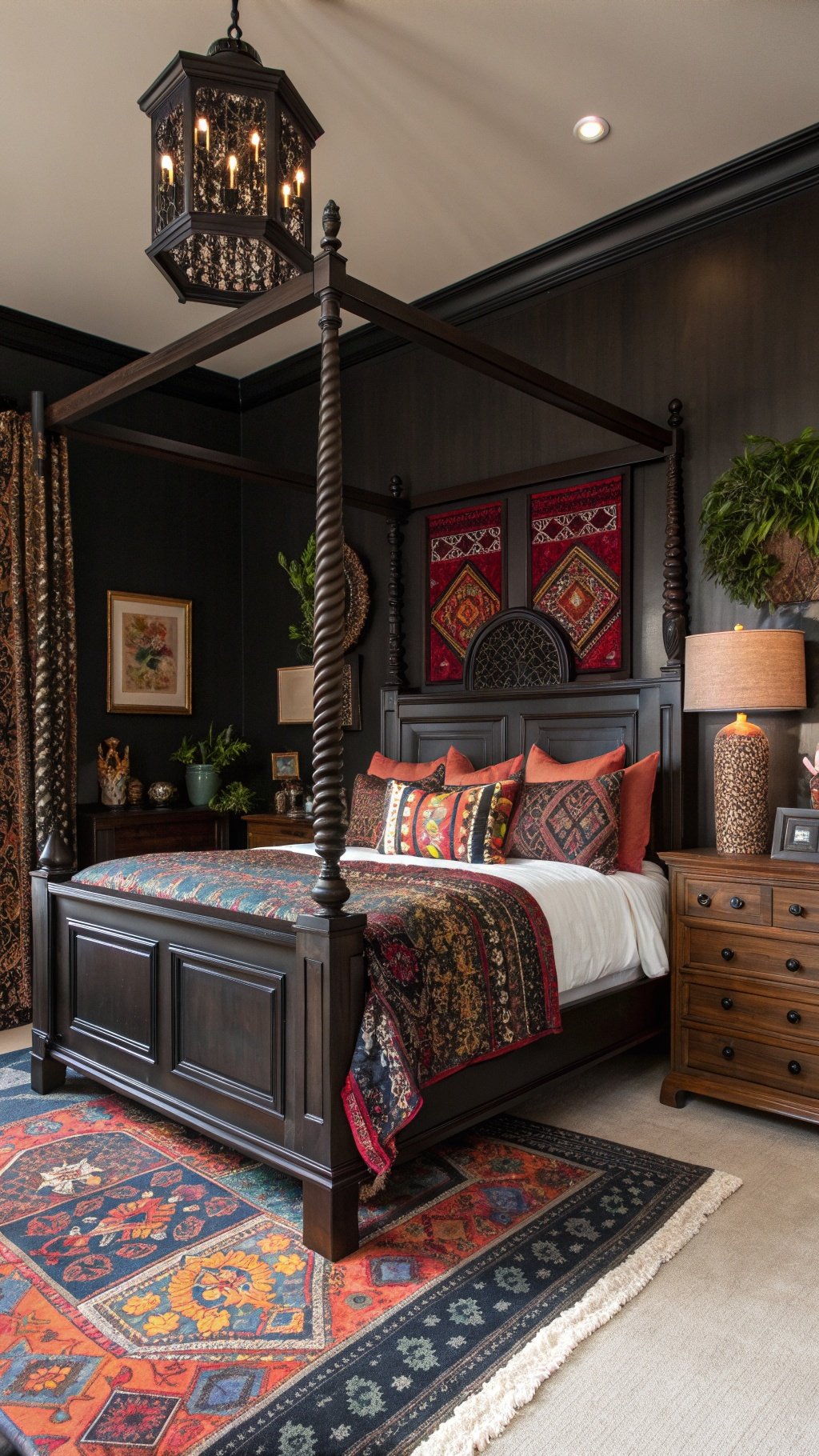 A cozy dark boho bedroom featuring a four-poster bed with intricate details, layered bedding, and dark wood furniture.