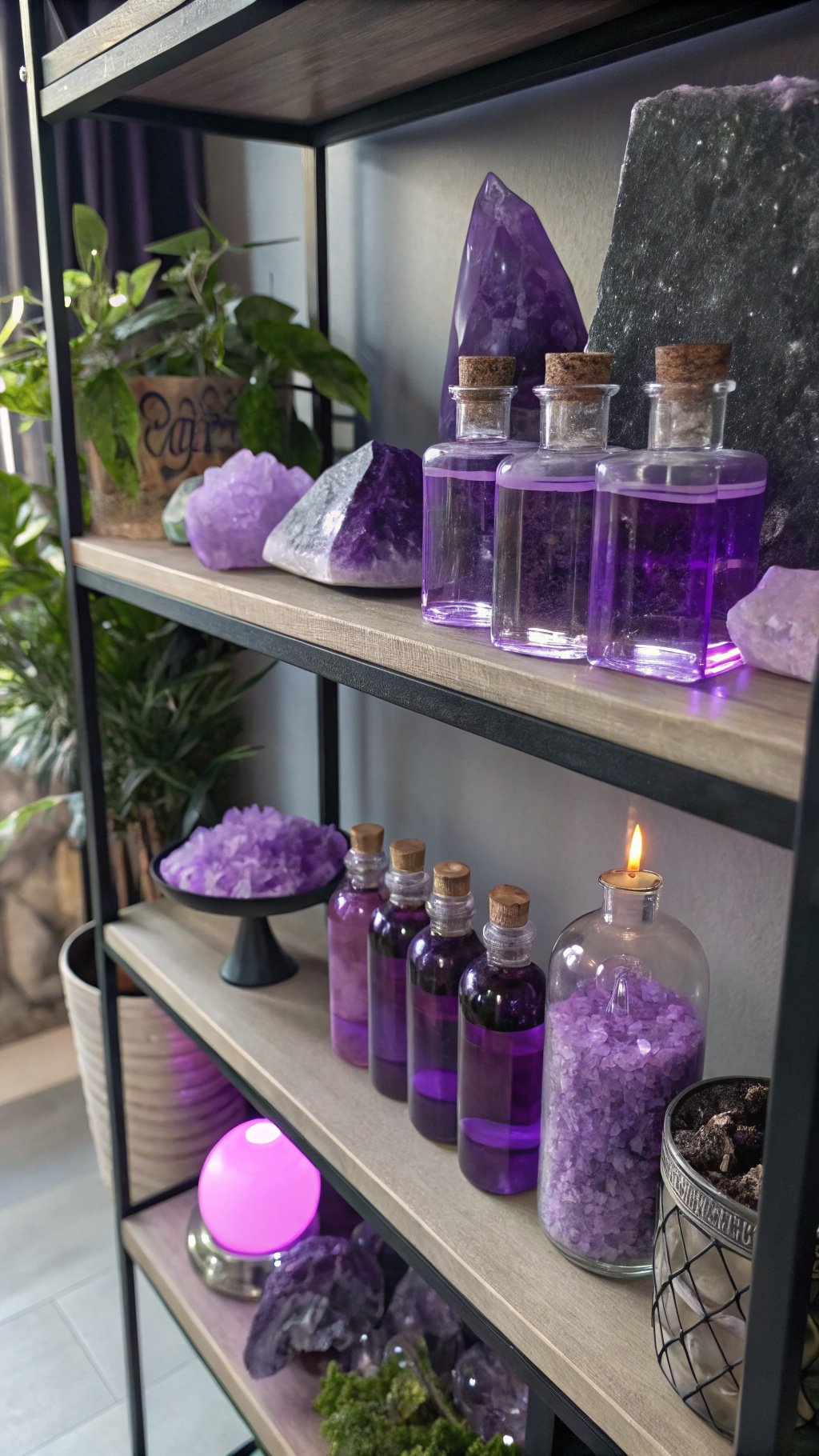 A stylish display of purple crystals, glass bottles, and plants on shelves, creating a witchy atmosphere.